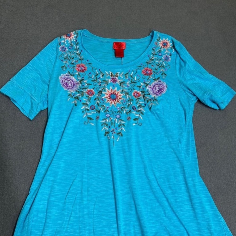 Cristina Tunic Women Medium Blue Floral Embroidered High-Low Slit Back Top - Picture 3 of 8